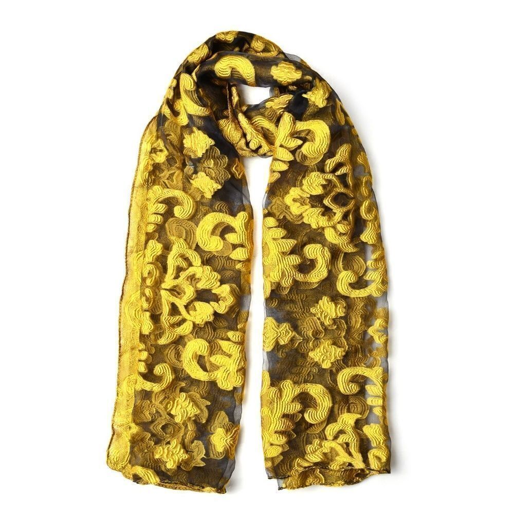Scarf Embroidered Pattern Polyester Yellow - Picture 3 of 5